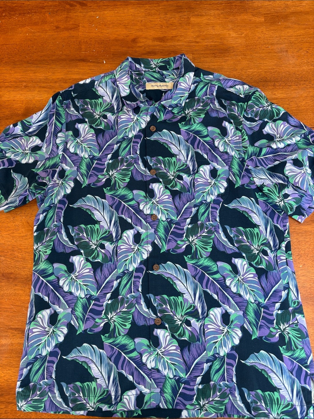 Tommy Bahama Navy, Teal & Purple Tropical Leaf Camp Shirt